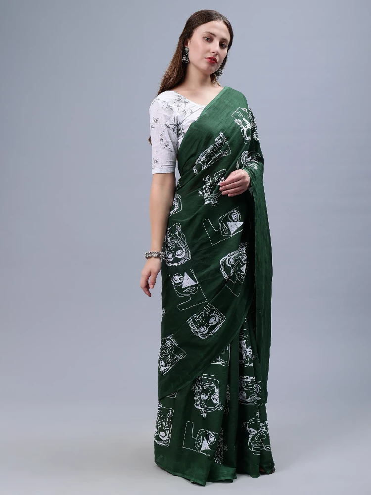 Bottle Green Printed Malmal Cotton Saree-2.webp